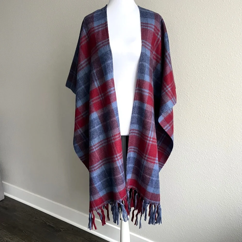 Vtg Specialty House Plaid Fringe Shawl Wrap Poncho Cape Red Blue Oversized Soft